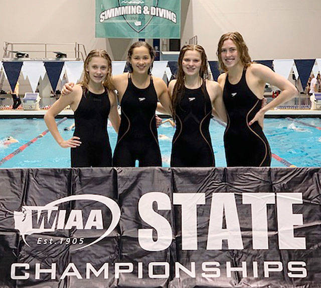 Representing Enumclaw High at the state swim meet were, from left, Ella Hoyne, Kate Perlot, Anna Bogh and Margaret Petellin. Contributed photo