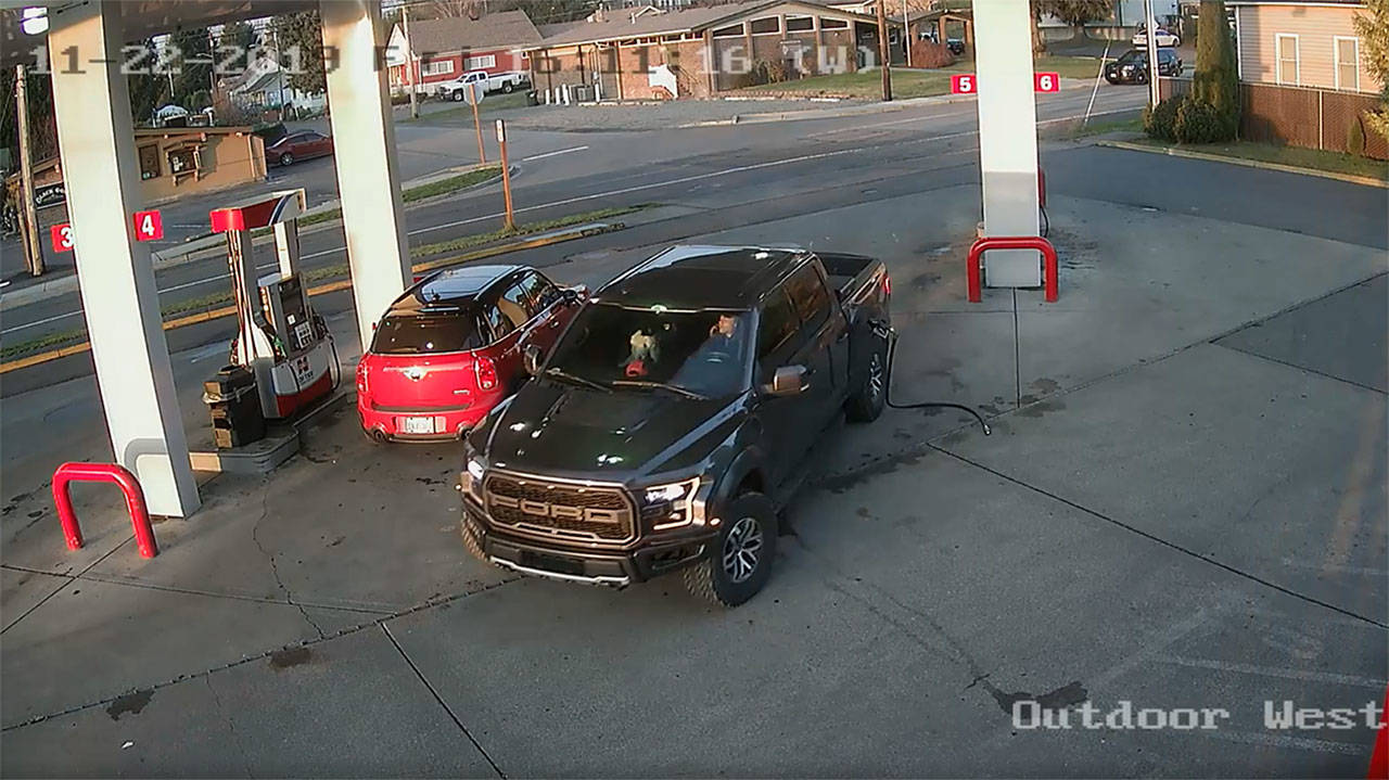 This security footage at the Cenex gas station in Black Diamond shows Anthony Chilcott on his phone before entering, and driving off with, Carl Sanders’ Ford Raptor and Monkey, his poodle, in the front seat.                                This security footage at the Cenex gas station in Black Diamond shows Anthony Chilcott on his phone before entering, and driving off with, Carl Sanders’ Ford Raptor and Monkey, his poodle, in the front seat.