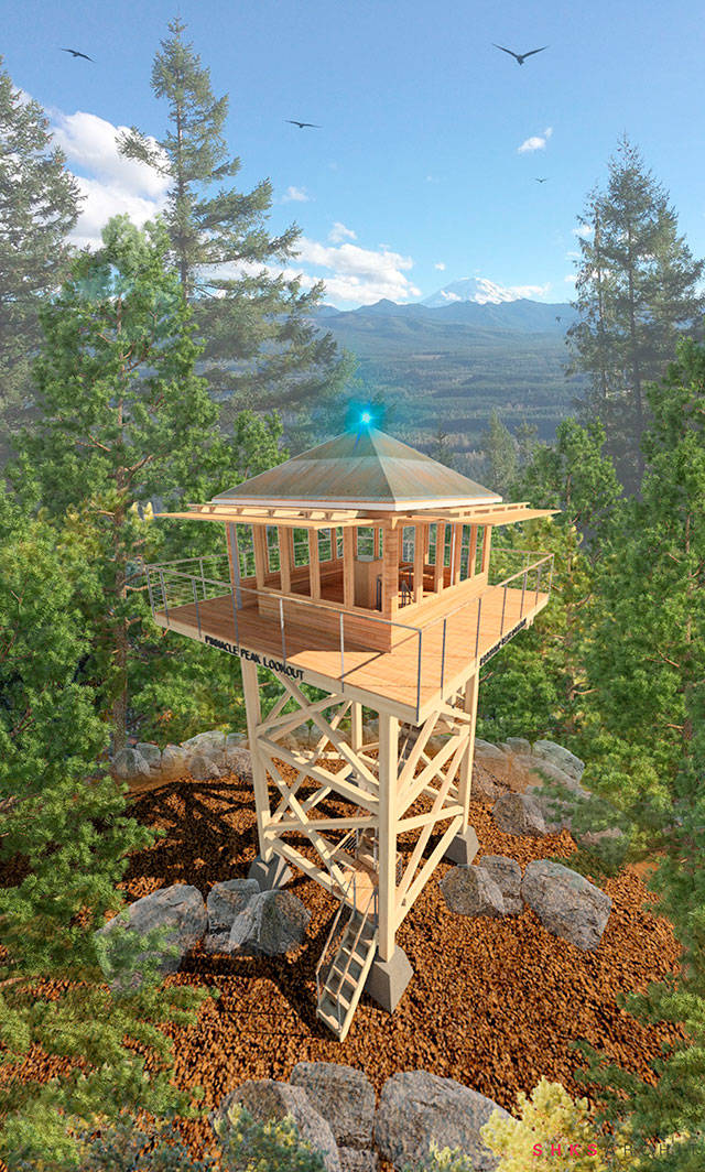 A digital rendition of what the proposed fire lookout could look like on Mount Peak from 2018. Image courtesy Mount Peak Historical Fire Lookout Association