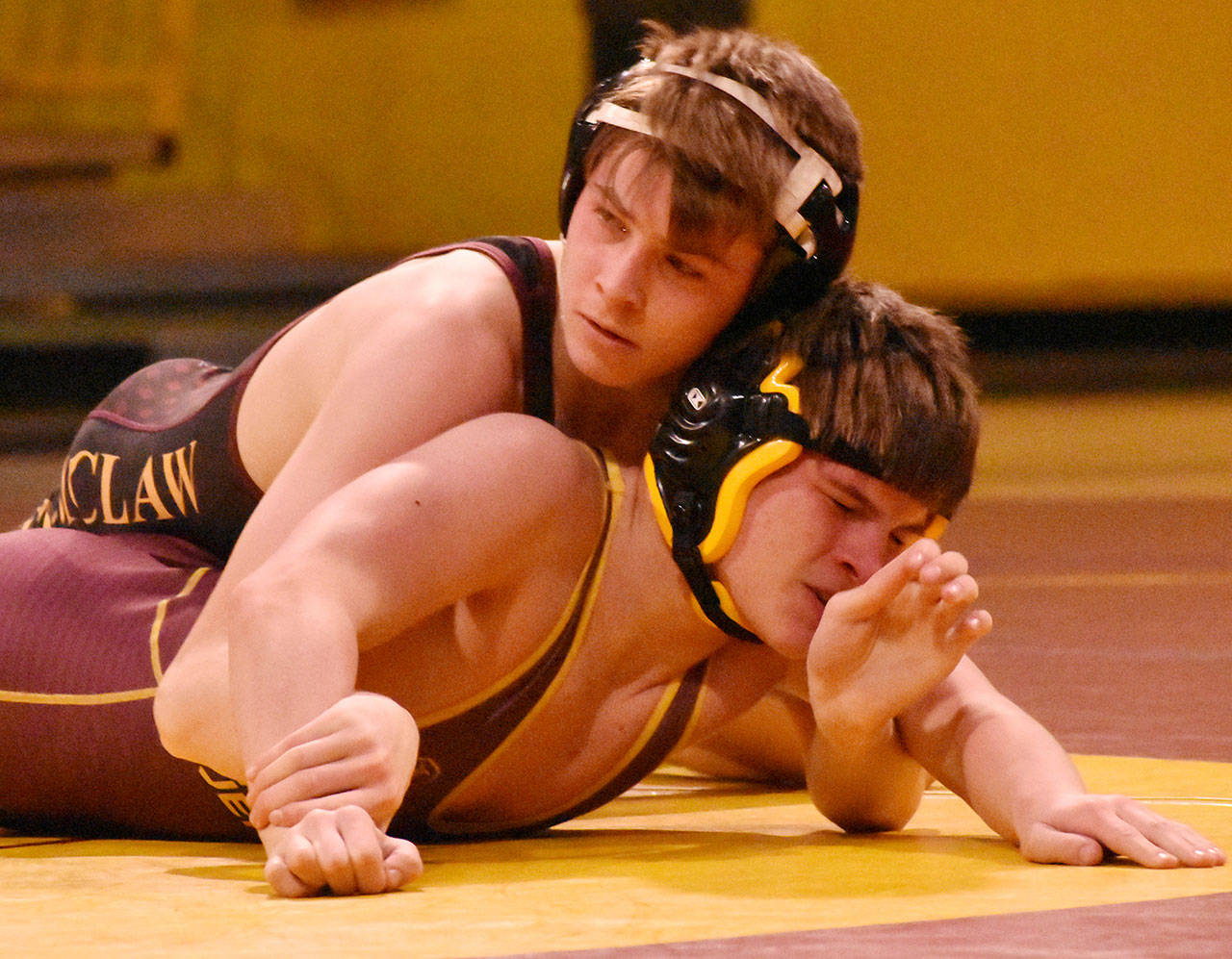 Among the Enumclaw High wrestlers defeating their Thomas Jefferson opponents on Dec. 18 was Cole Bowen, who picked up a major decision at 132 pounds. Photo by Kevin Hanson
