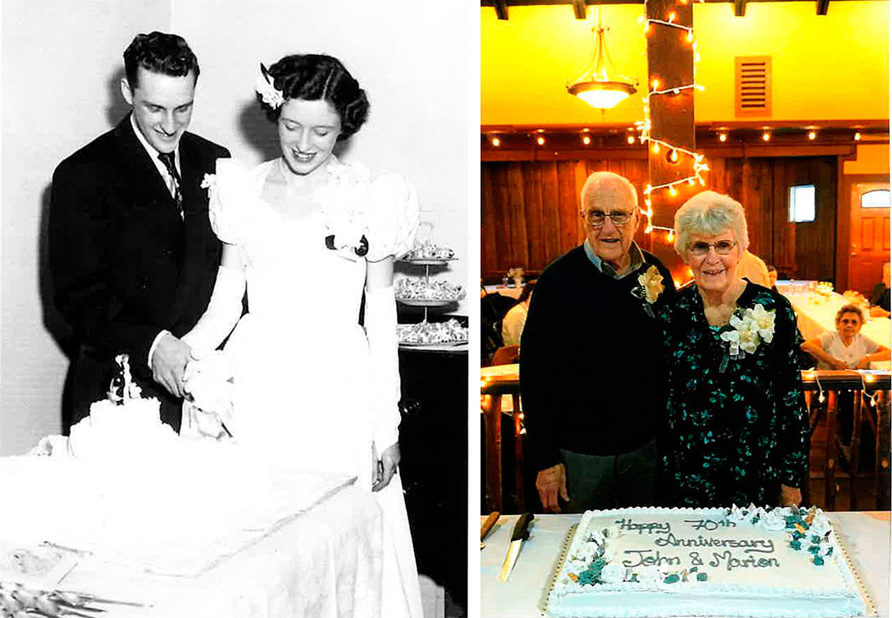 At left, John and Marion Frazier cut their wedding cake on Dec. 17, 1949; at right, the couple have another cake at The Claw 70 years later. Submitted photos