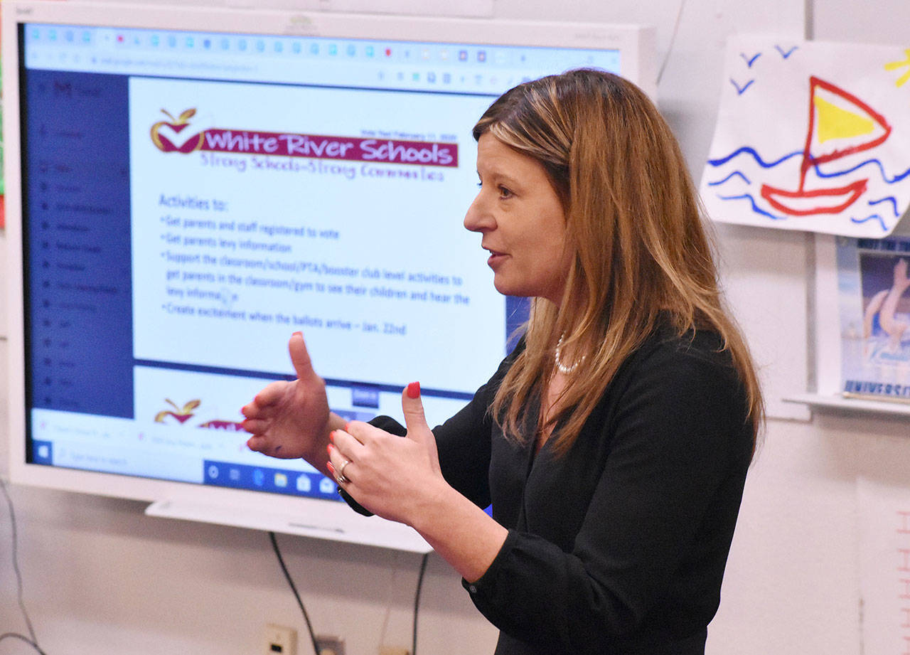 White River Superintendent Janel Keating Hambly discussed details surrounding the districts Feb. 11 levy request during a public session Thursday at the WR Early Learning Center. Photo by Kevin Hanson