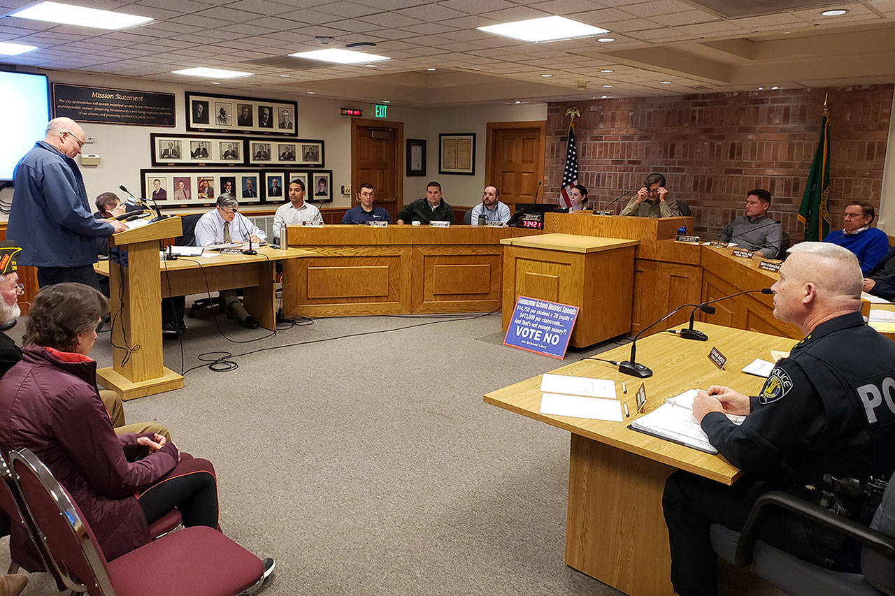 In addition to speaking in favor of short-term rentals in town on Feb. 10, Ted DeVol also talked about an issue he was having concerning his “vote no” signs regarding the Enumclaw School District levy that recently passed. Photo by Ray Miller-Still