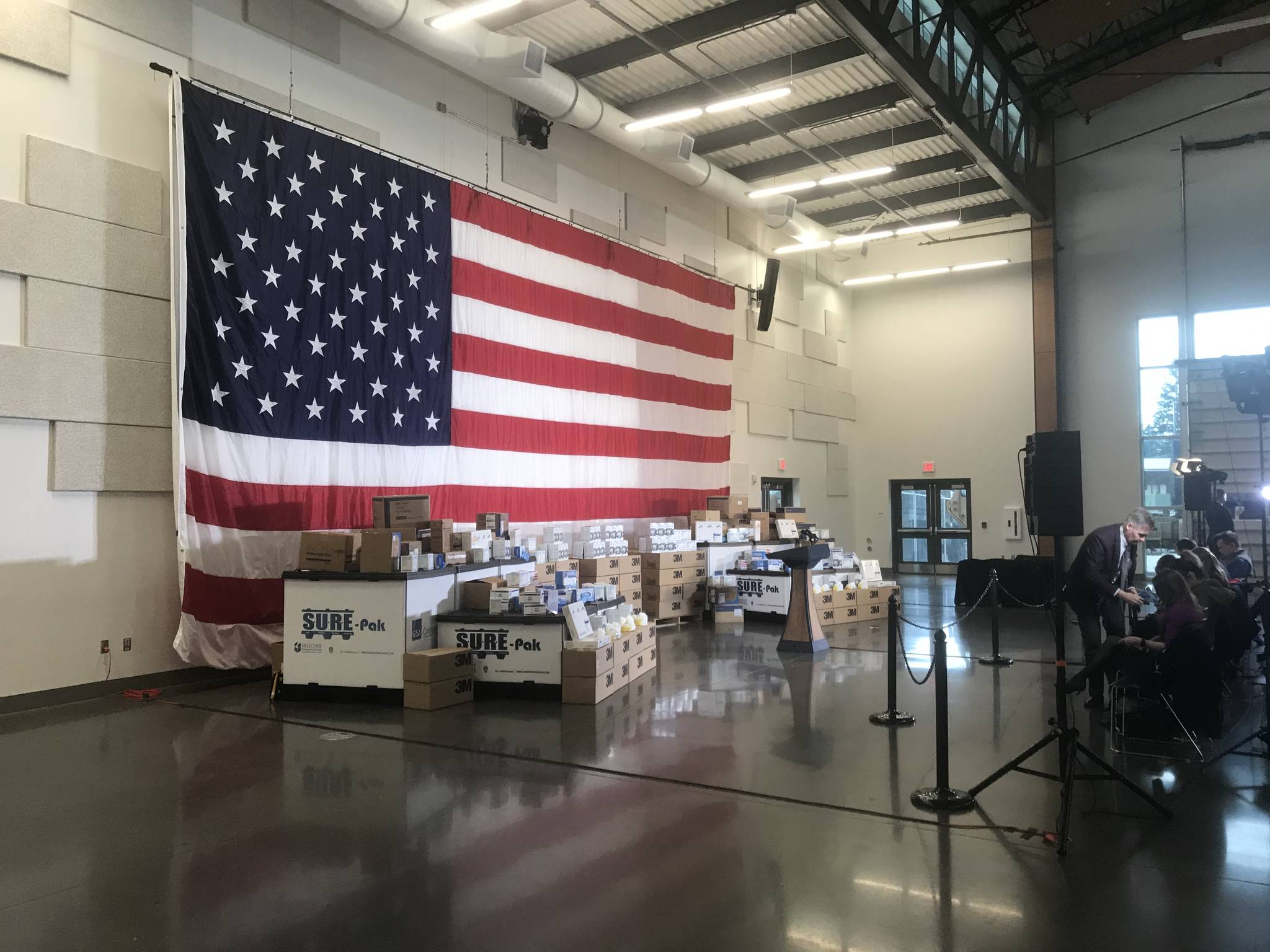On display Thursday, March 5, at Camp Murray in Pierce County are some of the medical supplies brought to Washington by federal health officials, including face masks, respirators, gowns and other supplies. Photo by Cameron Sheppard/WNPA News Bureau
