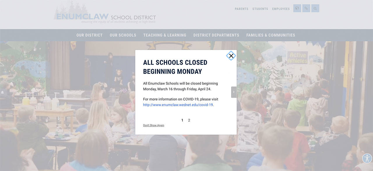 Enumclaw School District families are greeted with this message on the district’s website. Image courtesy Enumclaw School District