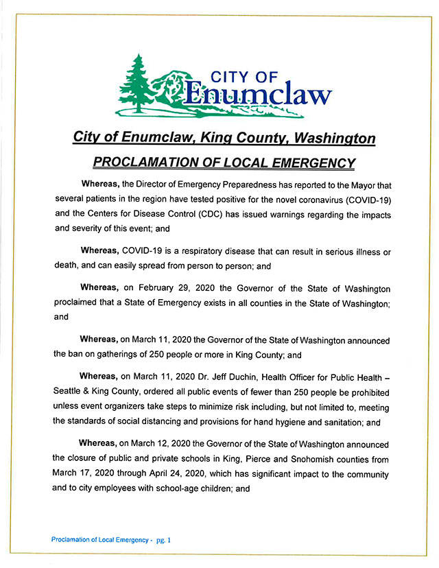 Page one of the city of Enumclaw’s emergency declaration.