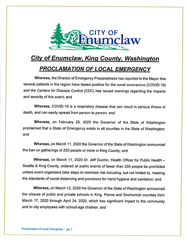Page one of the city of Enumclaws emergency declaration.