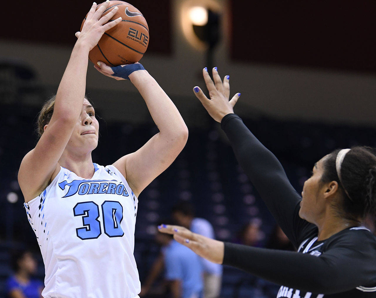 Kendall Bird puts up a shot for the University of San Diego during her freshman season. The White River graduate has played little the past two years while battling injuries. Photo courtesy University of San Diego Athletics