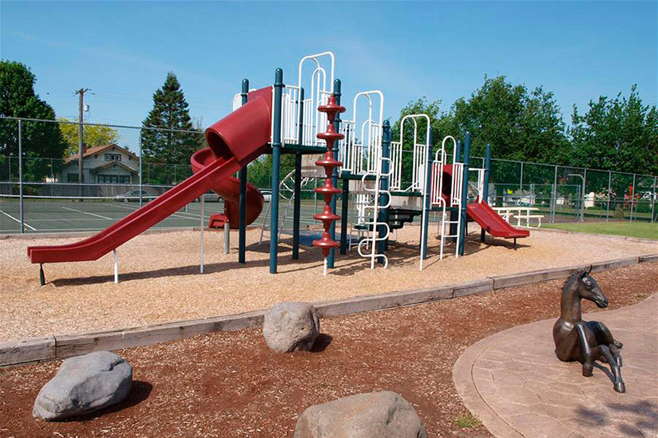Parks like Enumclaw’s Dwight Garrett Park are now closed — no using the playground, nor the sports courts behind it and the skate park. Photo courtesy city of Enumclaw