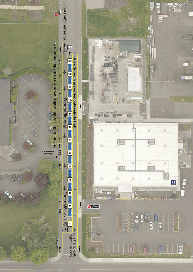 The upcoming Enumclaw Plateau Farmer’s Market will look a little different this year, with booths down the middle of First Street to allow pedestrians on one side, and drivers picking up to-go orders on the other. A larger image of the map is at the end of this article. Photo courtesy Enumclaw Plateau Farmer’s Market