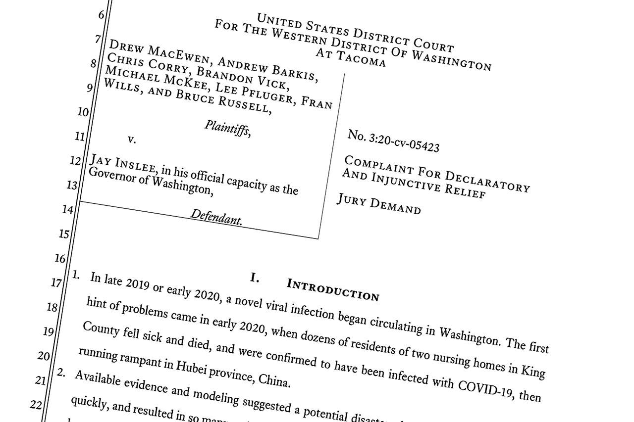 The initial filing of the GOP lawsuit against Gov. Jay Inslee, filed May 5, 2020, did not include all the names of the plaintiffs like Rep. Morgan Irwin (R-Enumclaw). You can read the full lawsuit at the end of this article or by visiting https://www.scribd.com/document/462634364/GOP-Lawsuit-against-Gov-Jay-Inslee-s-emergency-lockdown-in-WA. Courtesy image