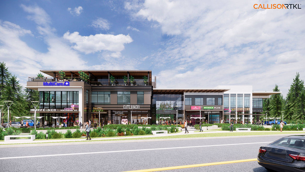 A rendering of the Diamond Square complex not only shows a new MultiCare family medical clinic, but also plans for the plaza to be a hub for local businesses. Image courtesy MultiCare/Lee Wittenberg
