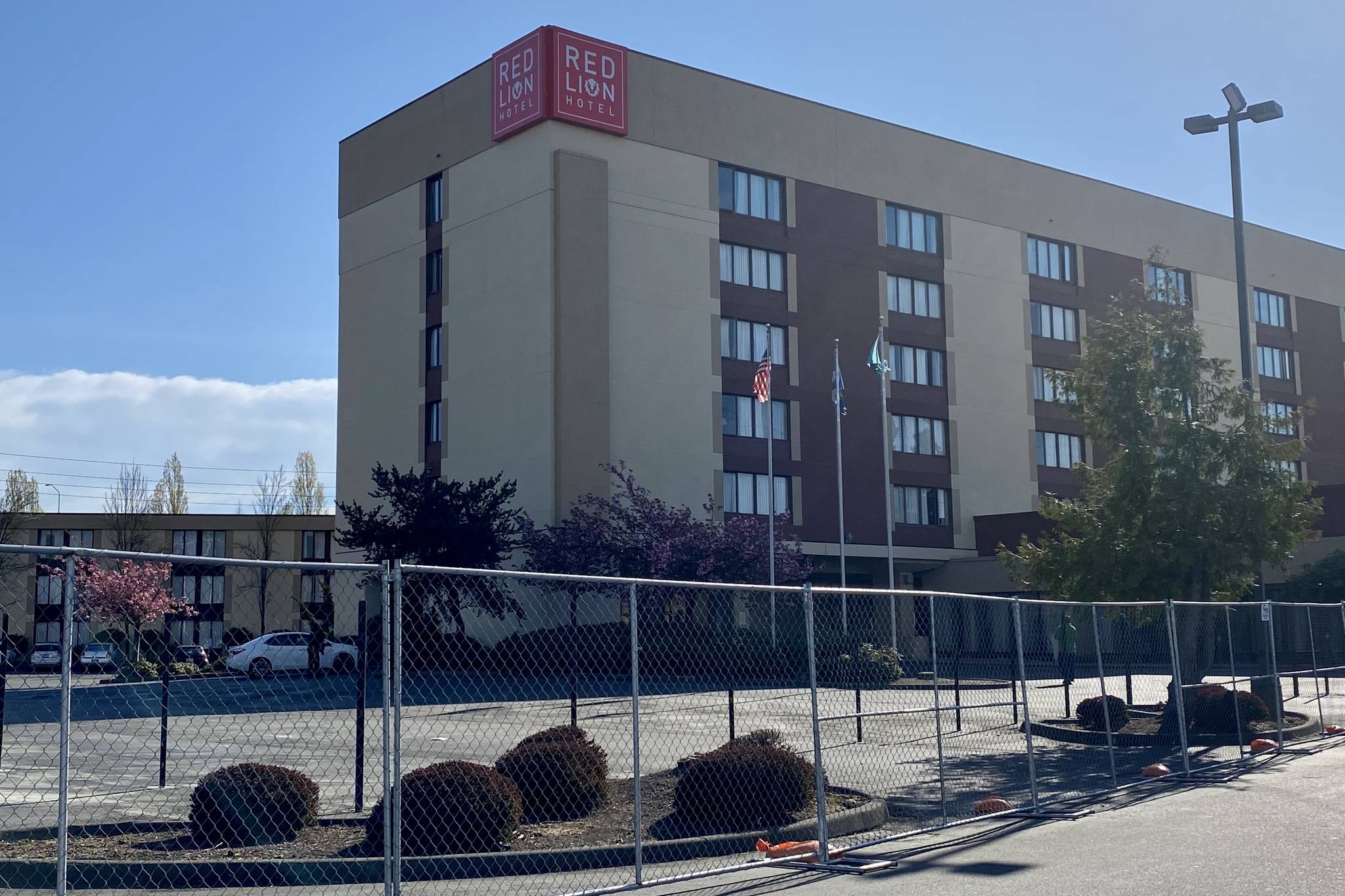 The Red Lion Inn at 1 South Grady Way in Renton is being used as temporary site to relocate individuals experiencing homelessness during the COVID-19 pandemic. Olivia Sullivan/staff photo.