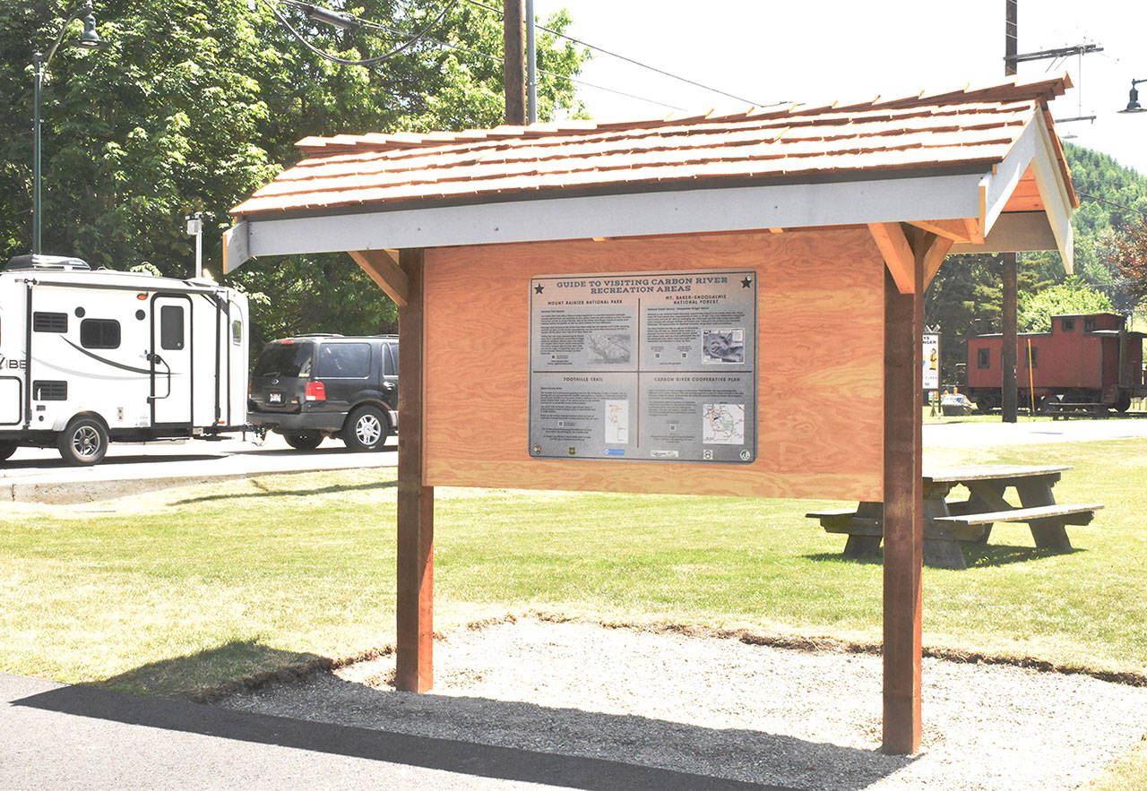 A kiosk in the Town Hall parking lot provides valuable information for those heading past Wilkeson, into the Carbon Canyon Corridor. Photo by Kevin Hanson
