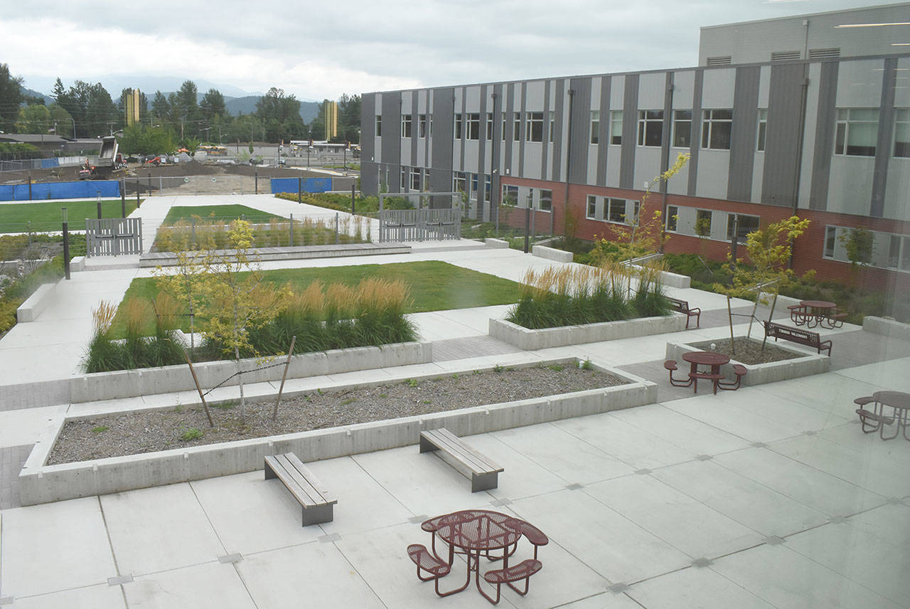 Enumclaw High School students were set to enjoy some new amenities at their school for the entire year — until COVID-19 hit. Now, the school — like this courtyard — will remain empty, at least for the time being. File photo by Kevin Hanson
