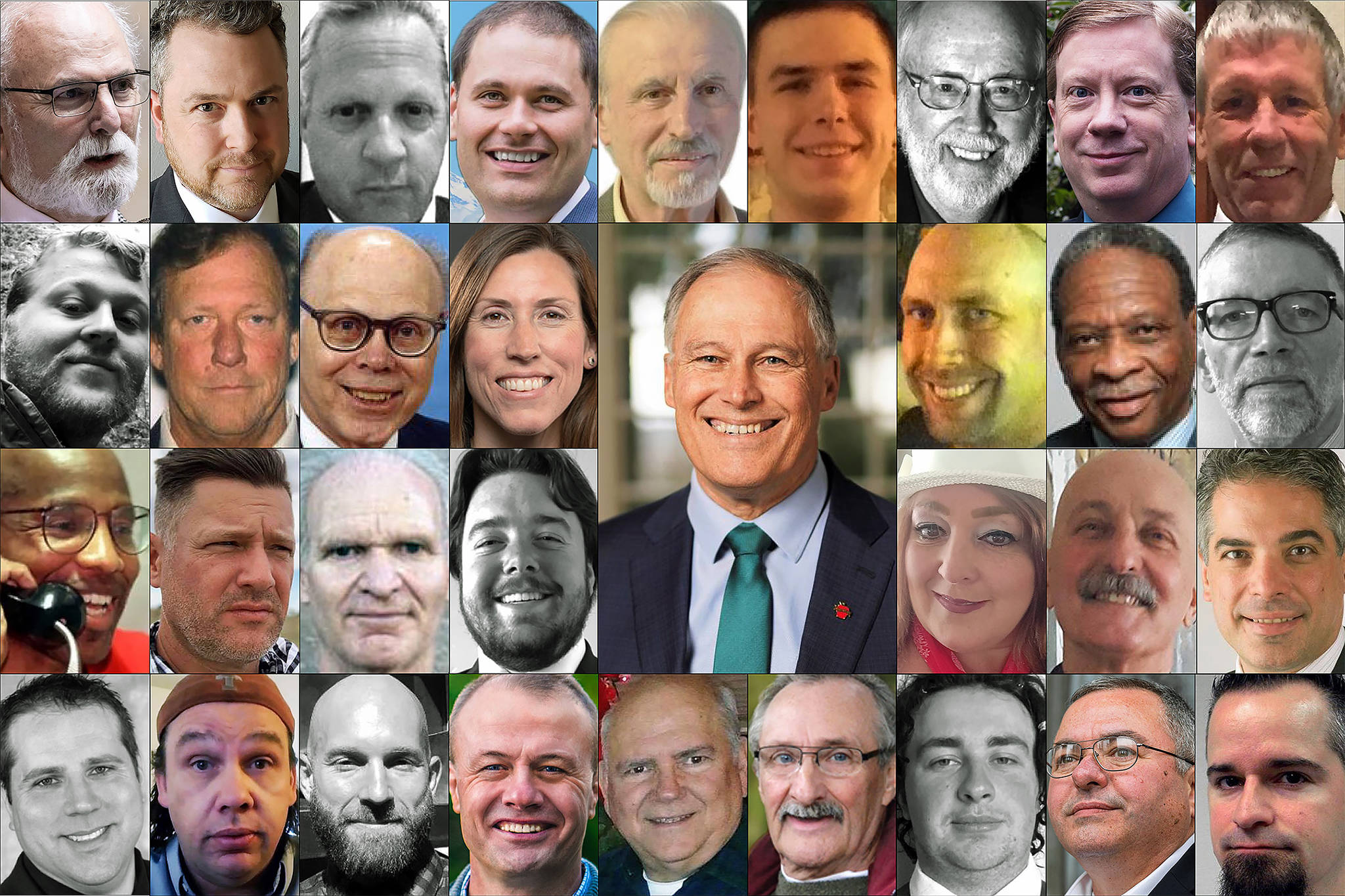Gov. Jay Inslee (center) is being challenged by 35 people, 32 of whom are pictured here, for his job. Row 1 (L-R): Phil Fortunato, Nate Herzog, William Miller, Anton Sakharov, Alex Tsimerman, Winston Wilkes, Bill Hirt, Cregan Newhouse, Richard Carpenter. Row 2 (L-R): Joshua Wolf, Thor Amundson, Goodspaceguy, Liz Hallock, Jay Inslee, Leon Lawson, Don Rivers, Henry Dennison. Row 3 (L-R): Omari Tahir Garrett, Joshua Free, David Blomstrom, Dylan Nails, Elaina Gonzalez, Cairo DAlmeida, Raul Garcia. Row 4 (L-R): Brian Weed, Cameron Vessey, Matthew Murray, Tim Eyman, Gene Hart, Martin Iceman Wheeler, Ian Gonzalez, Loren Culp. Not pictured: Tylor Grow, Craig Campbell, David Voltz.