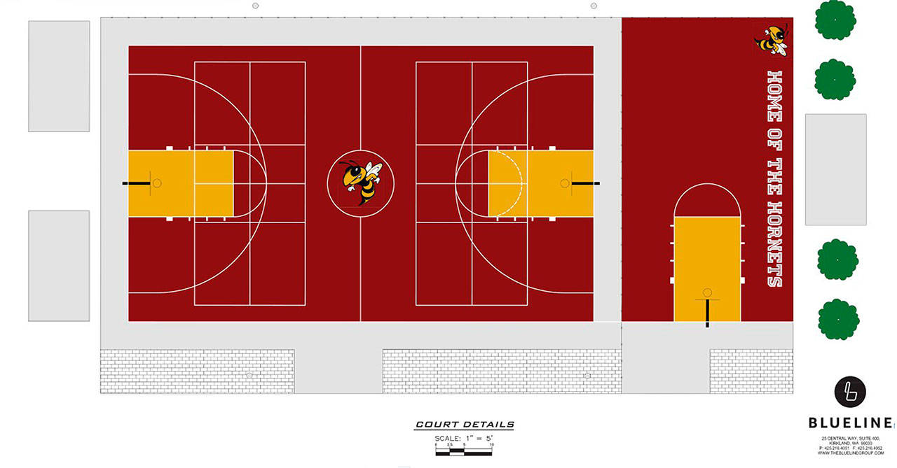 If Buckley gets a $75,000 Recreation Conservation Office grant, a new basketball court will feature the White River Hornet colors and logo, as well as bleachers and lights. Image courtesy the city of Buckley