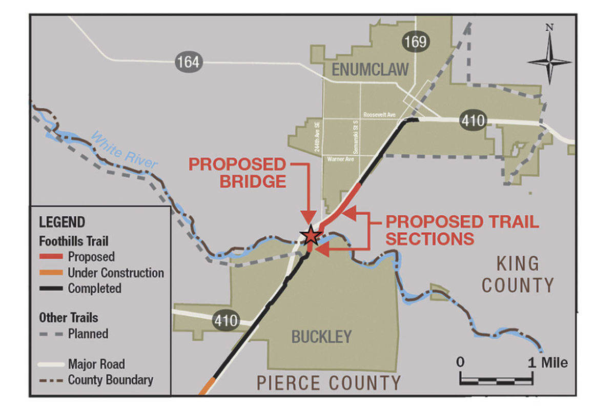 This image from 2018 shows a rough plan for the new White River pedestrian bridge. Image courtesy king County