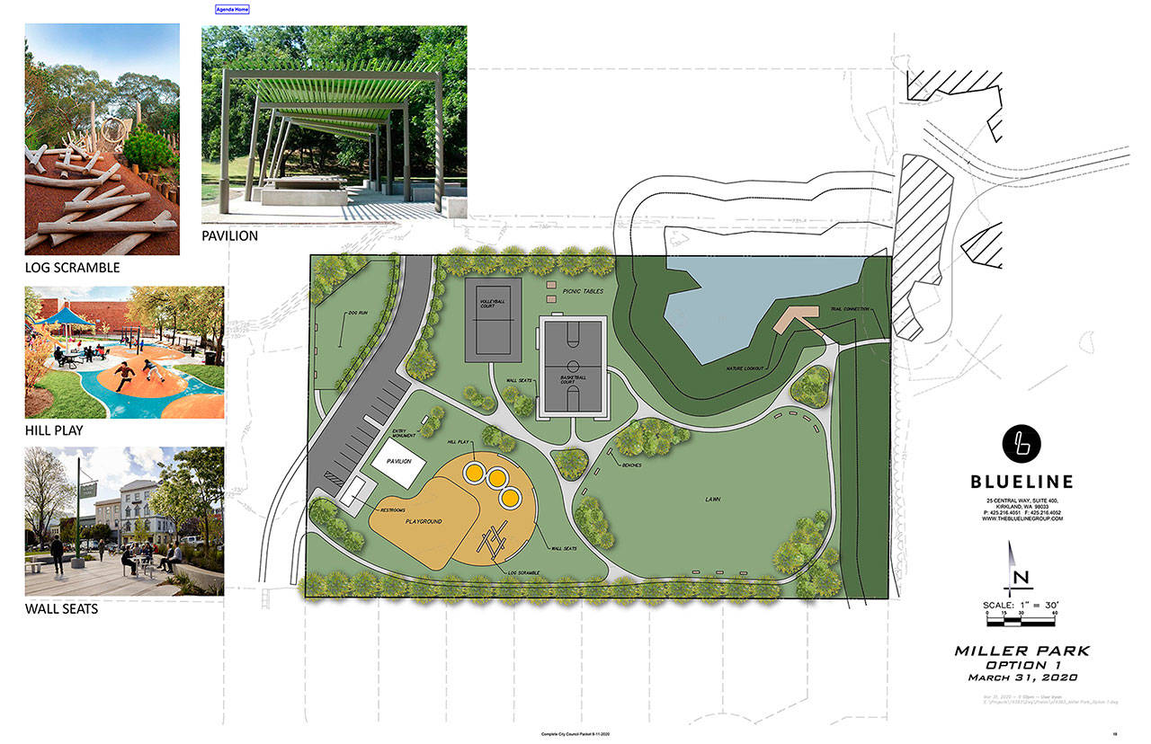 One of the three designs for the future Miller Park includes a a playground with a “hill play” and “log scramble” area, a covered pavilion, a basketball and volleyball court, and trails. Image courtesy the city of Buckley