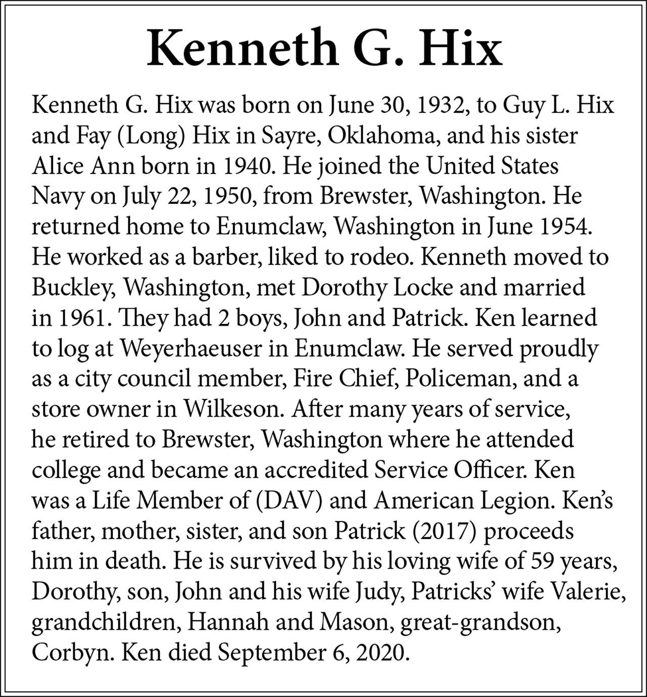 Obit for Kenneth Hix