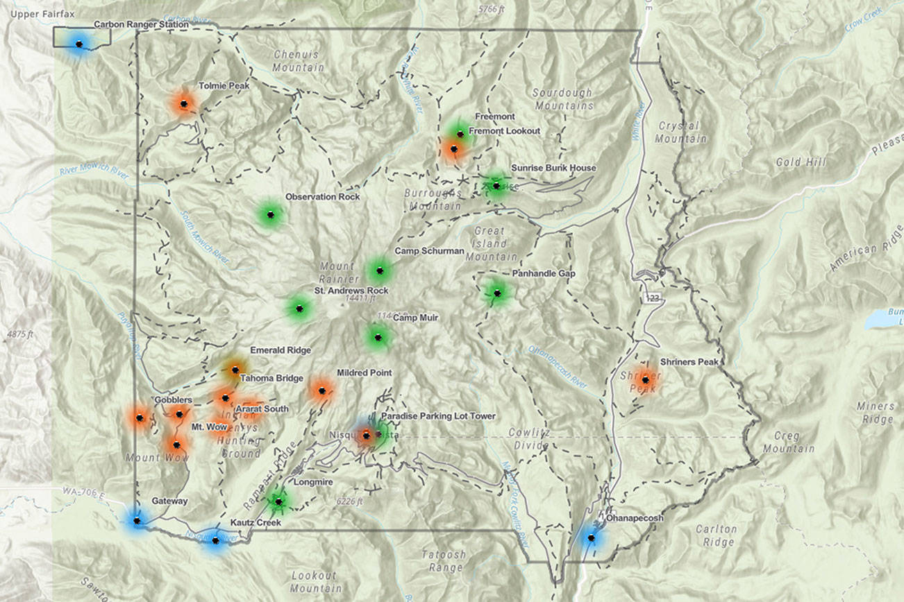 Pictured is Mount Rainier with all the current and proposed lahar monitoring systems. The green dots show where there are already monitoring stations; the blue dots show proposed stations that have already been approved by the National Park System; and the orange dots are the dozen proposed monitoring stations that the national park wants public input on. Image courtesy National Park Service
