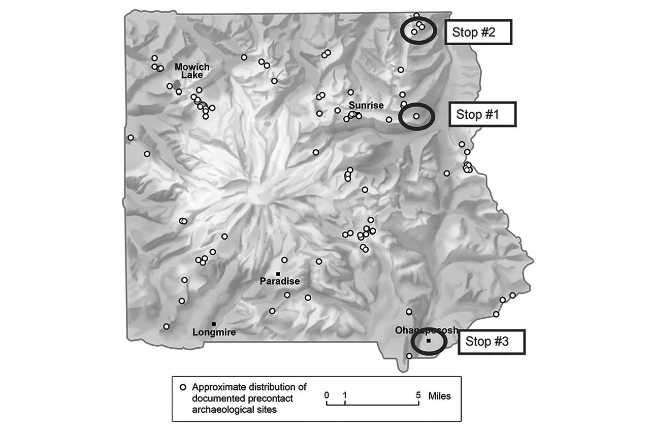 The locations of some of the archeological sites at Mount Rainier, some which are mentioned in this column. Image courtesy Greg Burtchard, Mount Rainier National Park archaeologist (retired), modified by Kirsten Wahlquist