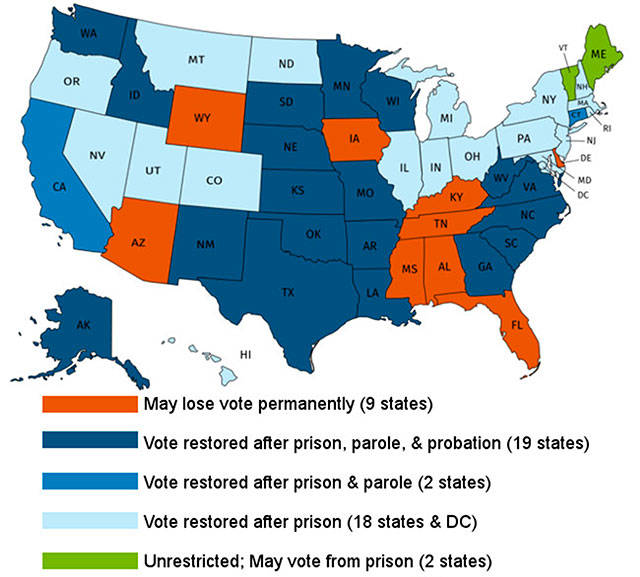 Former felons in Washington state can only get their voting rights back after serving time, parole, and probation. Image courtesy procon.org.