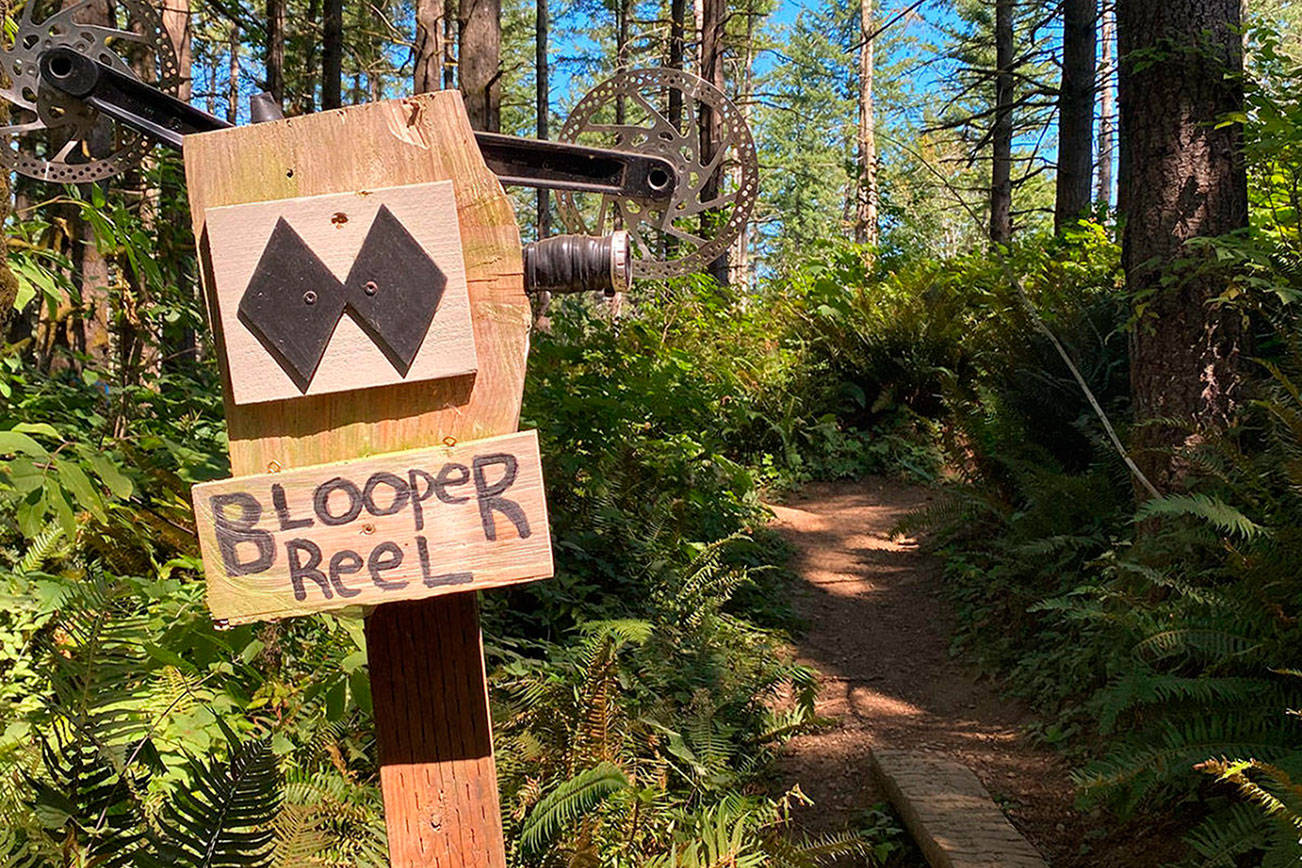 Signs along the “east side” of the Black Diamond Open Space indicate its favored status among mountain bikers. On the “west side” the ladder bridge spans a peaceful stretch of Ravensdale Creek. Photo by Kevin Hanson