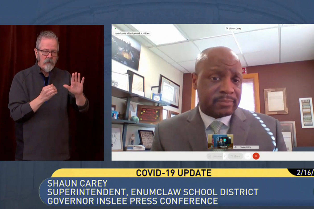 Enumclaw School District Superintendent Shaun Carey got to spotlight Enumclaw's achievements in returning to school with low COVID-19 transmission rates during a statewide briefing with Gov. Jay Inslee. Screenshot