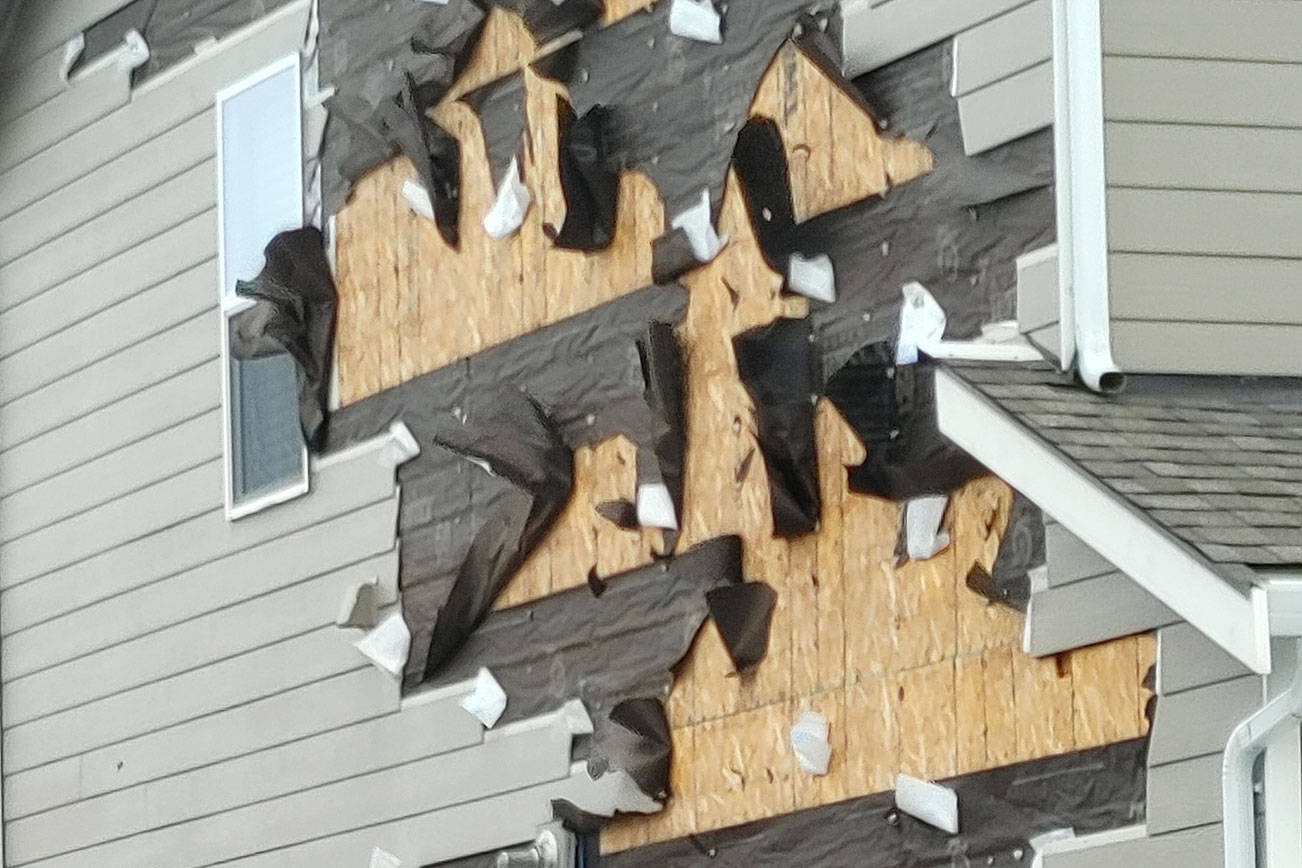 Shingles and siding from many Suntop Farms homes right outside Enumclaw were ripped off during the winter storm earlier this month, but many residents believe the fault lies with developer LGI for cutting corners. Photo courtesy Seth Pohlman