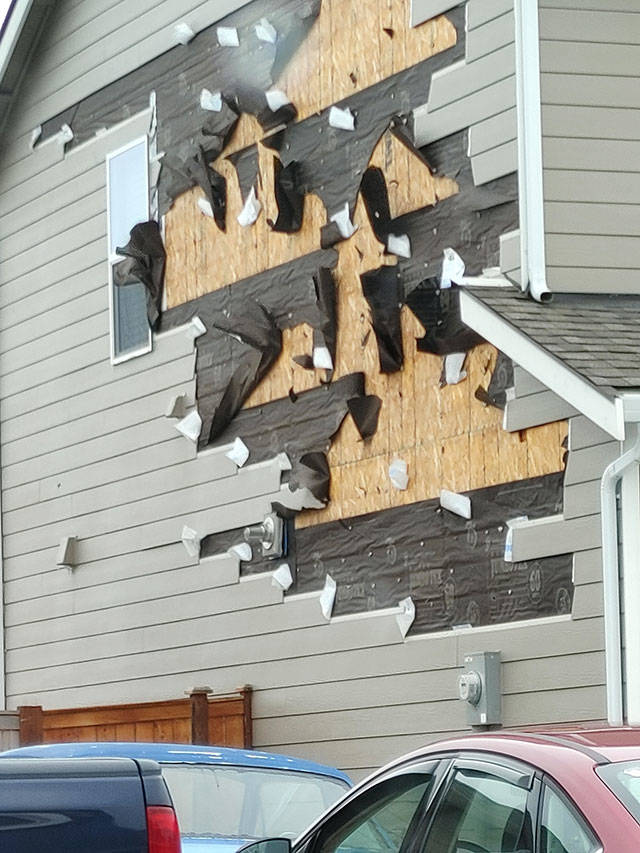 Shingles and siding from many Suntop Farms homes right outside Enumclaw were ripped off during the winter storm earlier this month, but many residents believe the fault lies with developer LGI for cutting corners. Photo courtesy Seth Pohlman