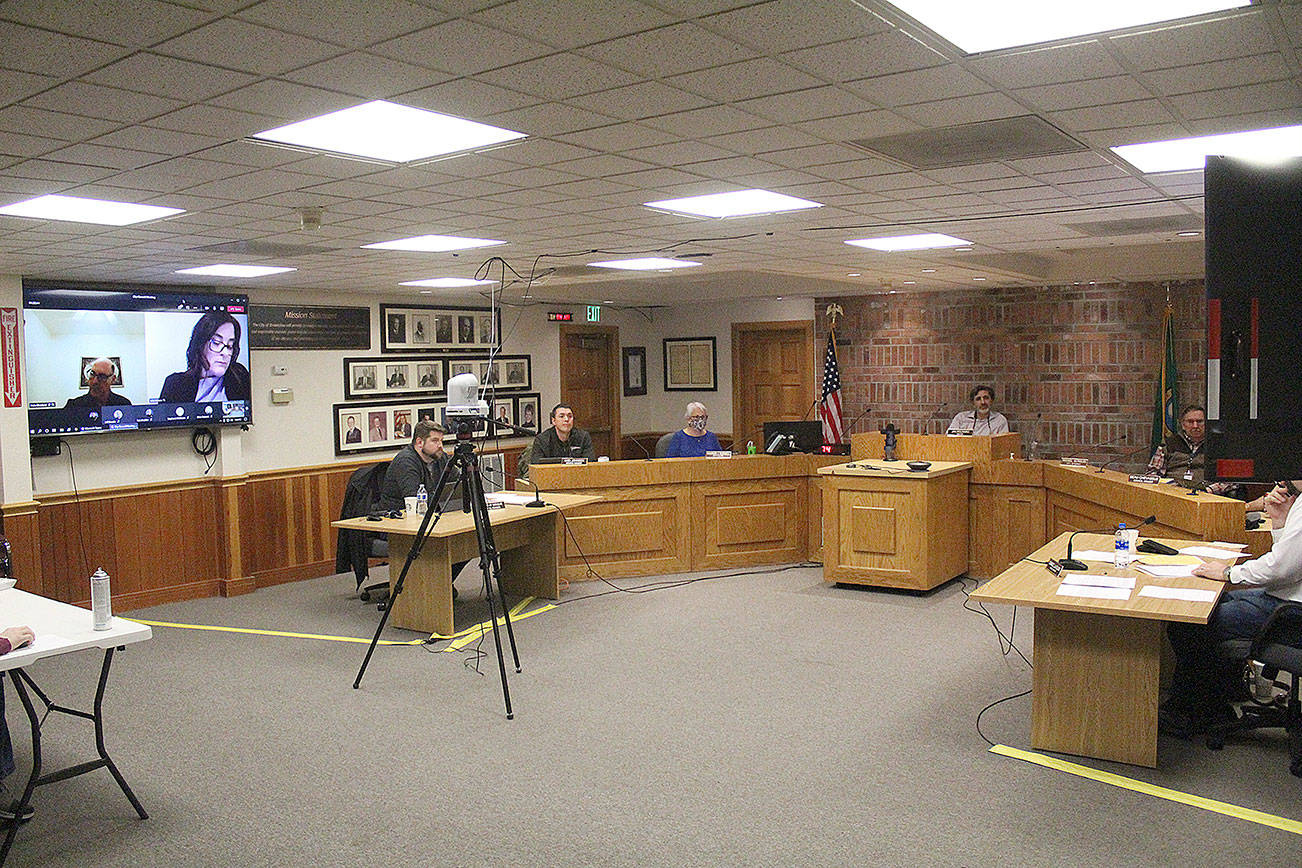 Most of the council met in person on Feb. 22, with applicants for the two open seats on the council interviewing for those positions virtually. Pictured on the screen is Julie Johnson. Photo by Ray Miller-Still