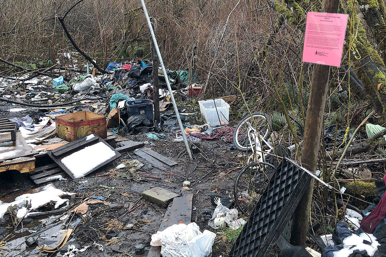 The Enumclaw Police Department posted notices to vacate at the Battersby homeless camp at the end of February so the Public Works department could start cleaning at the start of March. Photo courtesy the Enumclaw Police Department
