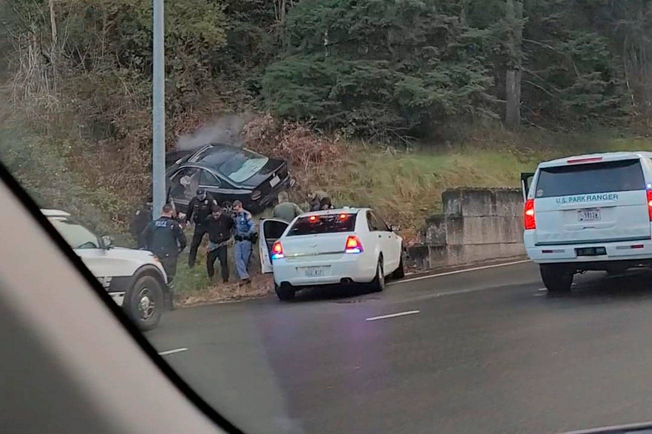 The final resting position of the Honda Accord that led police on a chase Saturday morning, near 214th Avenue before the Buckley/Enumclaw bridge. Photo courtesy Elizabeth Phillips