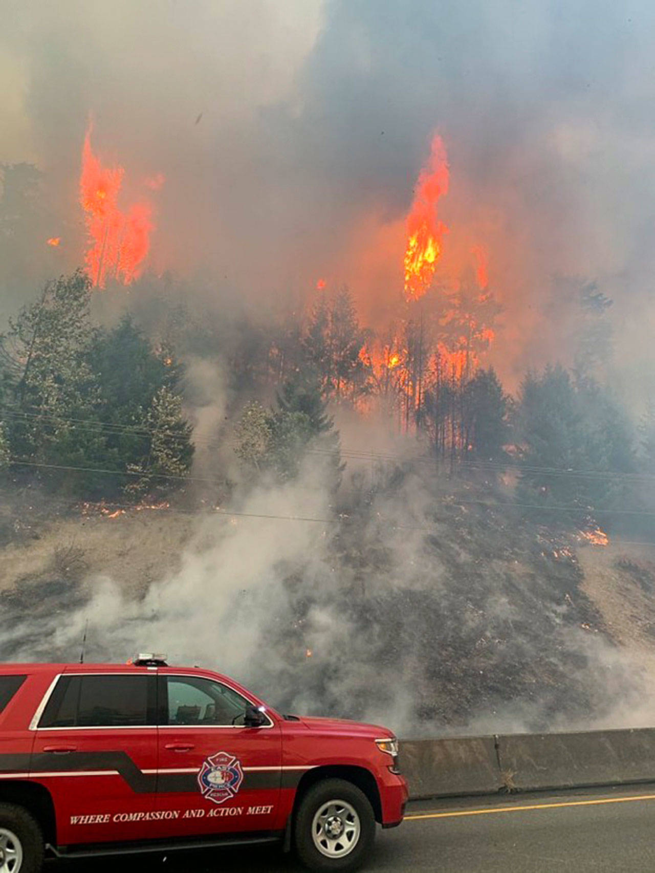 Flames attack the hillside in Bonney Lake on Sept. 8, 2020. (East Pierce Fire & Rescue photo)
