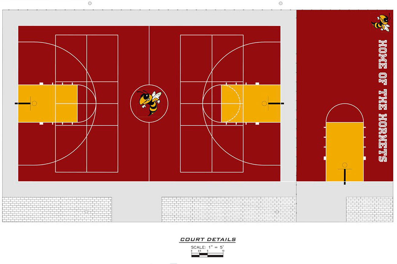 Buckley’s new outdoor basketball court will feature the White River Hornet colors and logo, as well as bleachers and lights. Image courtesy the city of Buckley