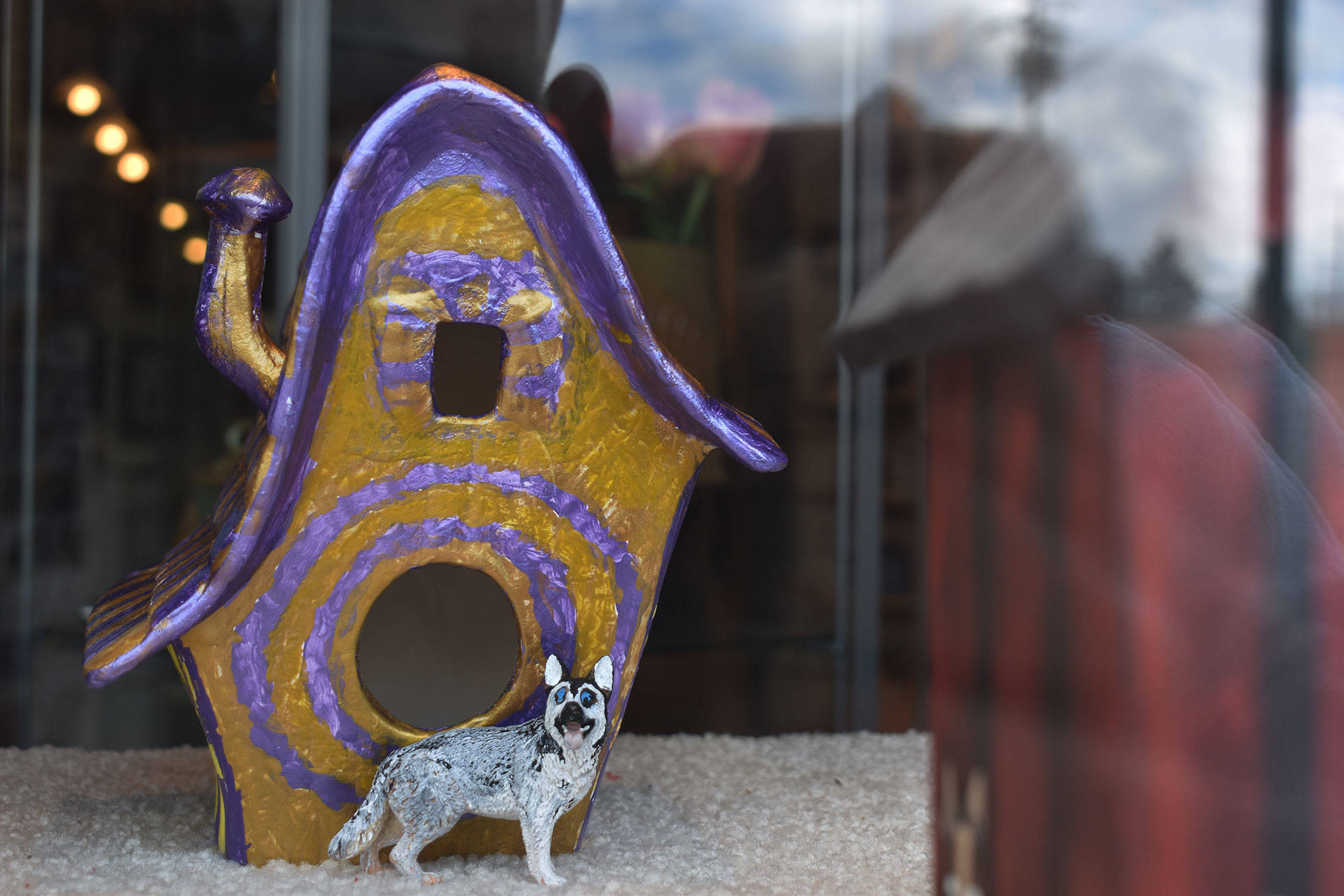 A University of Washington-themed birdhouse, complete with a husky, is one of several birdhouses available at Arts Alive’s silent auction.