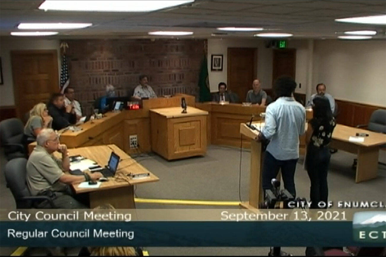 The Sept. 13 Enumclaw City Council meeting was a full one, though no members of the city council, and few of the audience, actually wore masks. Screenshot