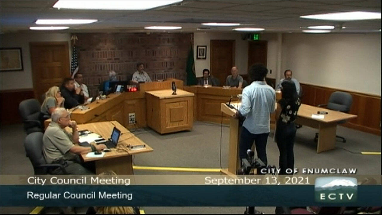 The Sept. 13 Enumclaw City Council meeting was a full one, though no members of the city council, and few of the audience, actually wore masks. Screenshot