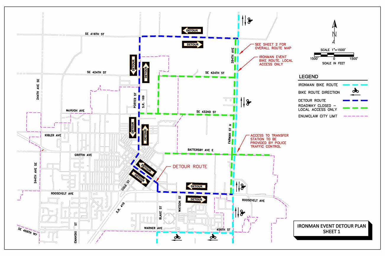 Provided by the City of Enumclaw, this map shows the ironman bike route where it cuts through the core of the city.