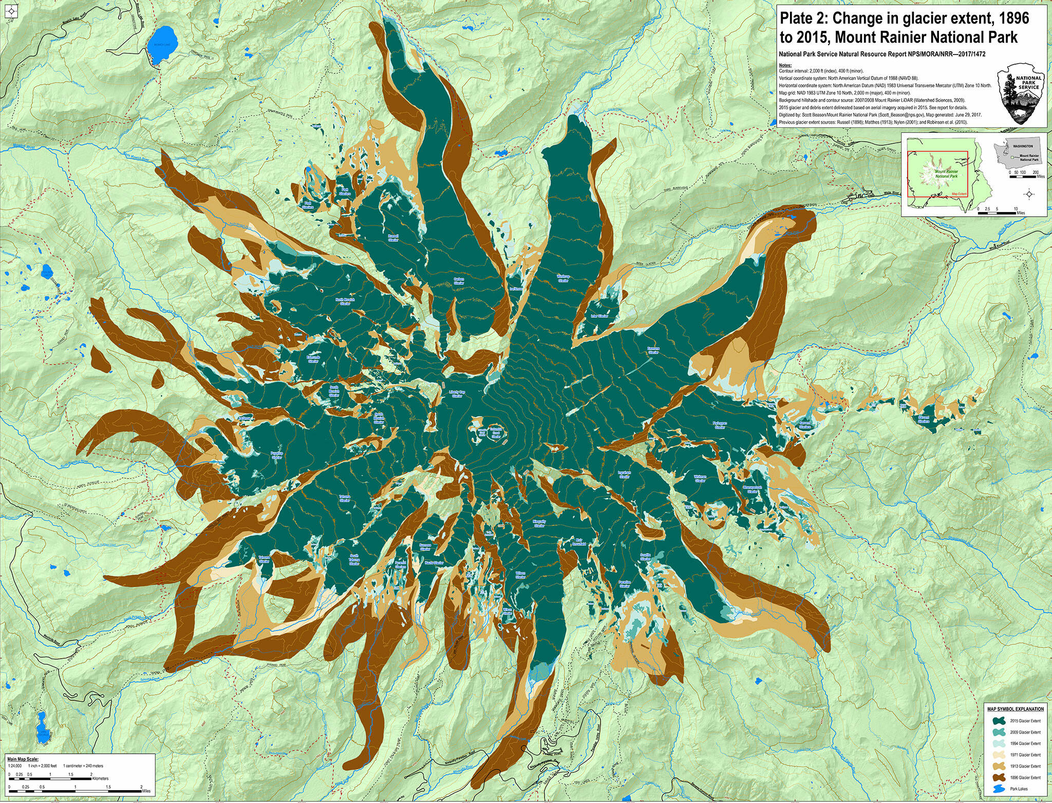 This map, created by Mount Rainier researchers, shows the extent of glacial retreat at Mount Rainier since 1896 (in brown), 1913 (in tan), 1971 (in cream), 1994 (in light blue), 2009 (in teal), and in 2015 (in navy.) A more detailed version of this map, with additional notes, is available at https://www.morageology.com/pubs/86.pdf.