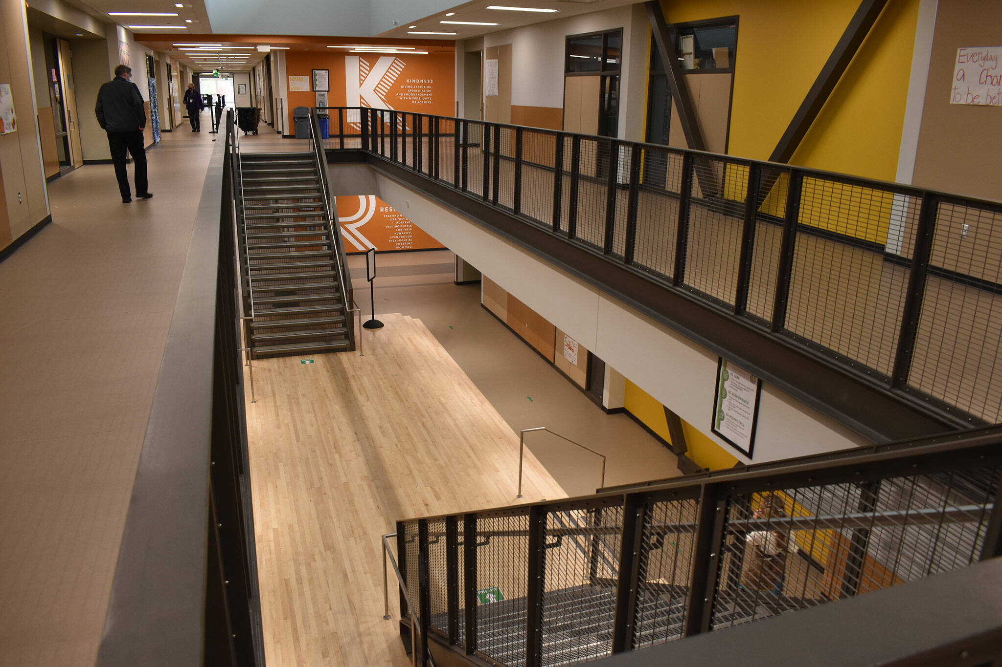A common space on the south side of Glacier Middle School is flanked by two sets of stairs leading to the second floor. The unusual looking area is designed that way to encourage creative interactions between students, assistant superintendent Scott Harrison said, rather than simply ferry them from one class to the next.