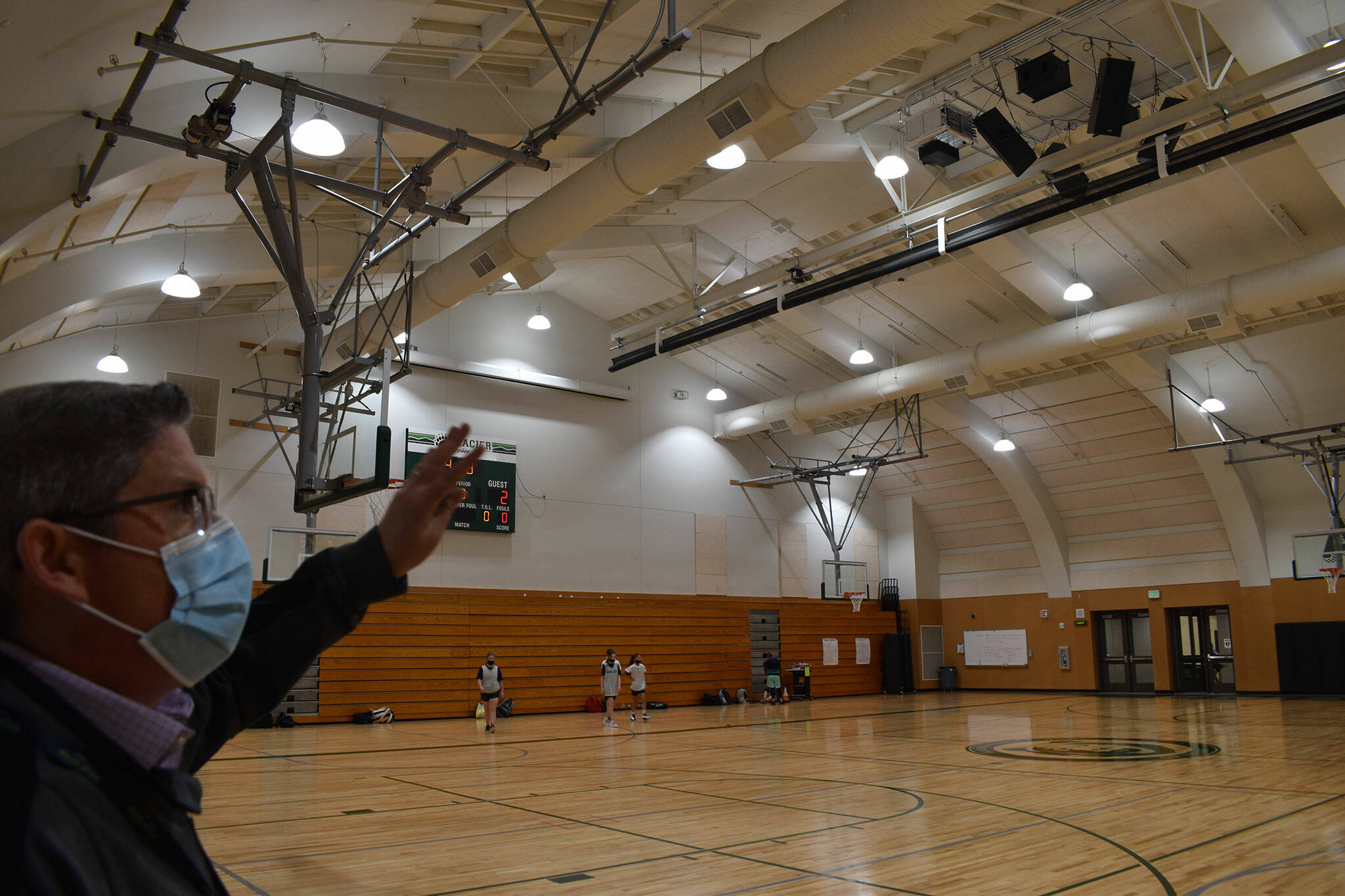 WRSD assistant superintendent Scott Harrison shows off what's new at the Glacier Middle School gymnasium.