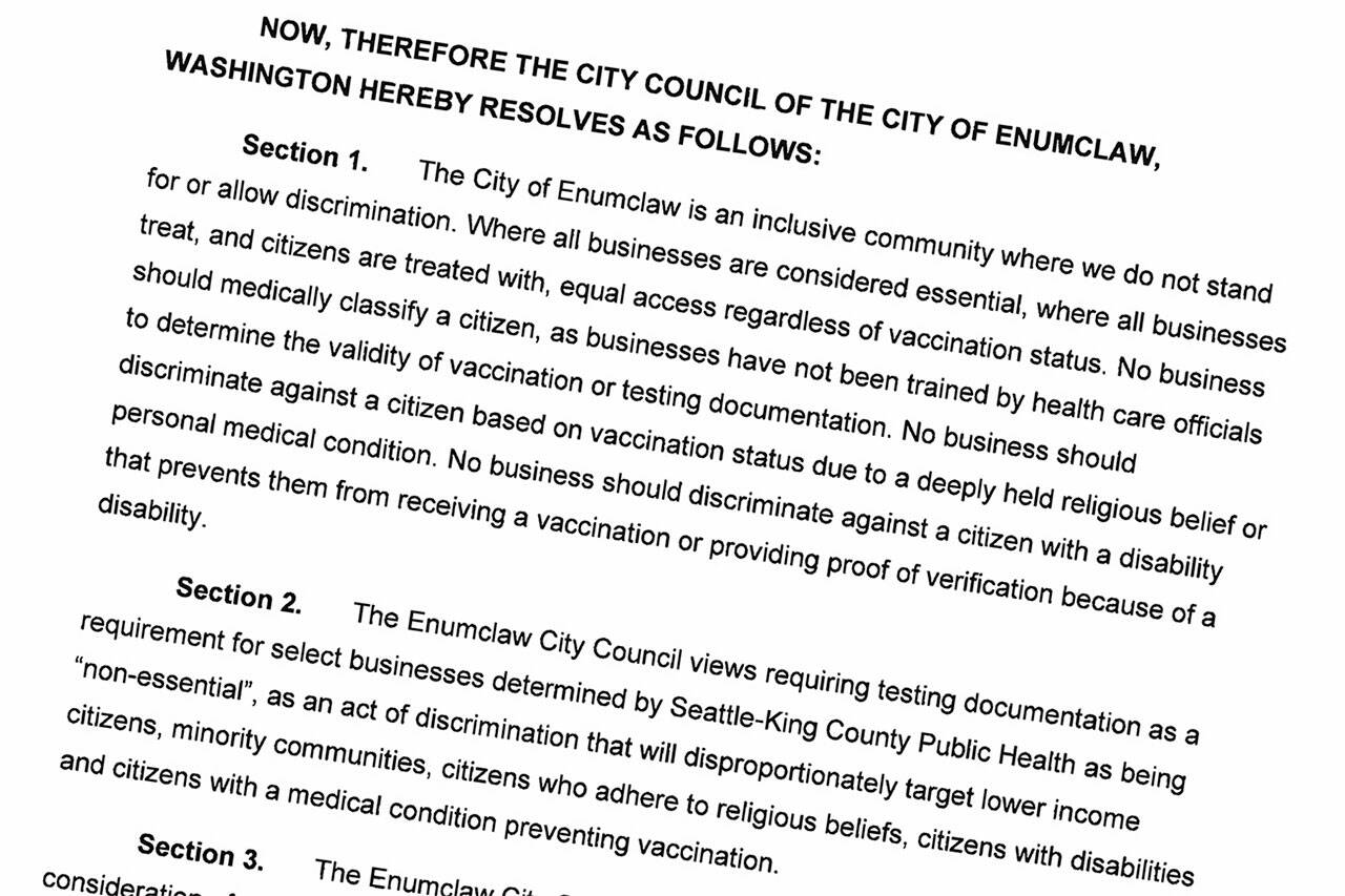 A screenshot of Enumclaw Resolution No. 1734. The full text is available at https://www.cityofenumclaw.net/DocumentCenter/View/6670/Res-1734—-Covid-19-Vaccine-Verification-Discrimination.
