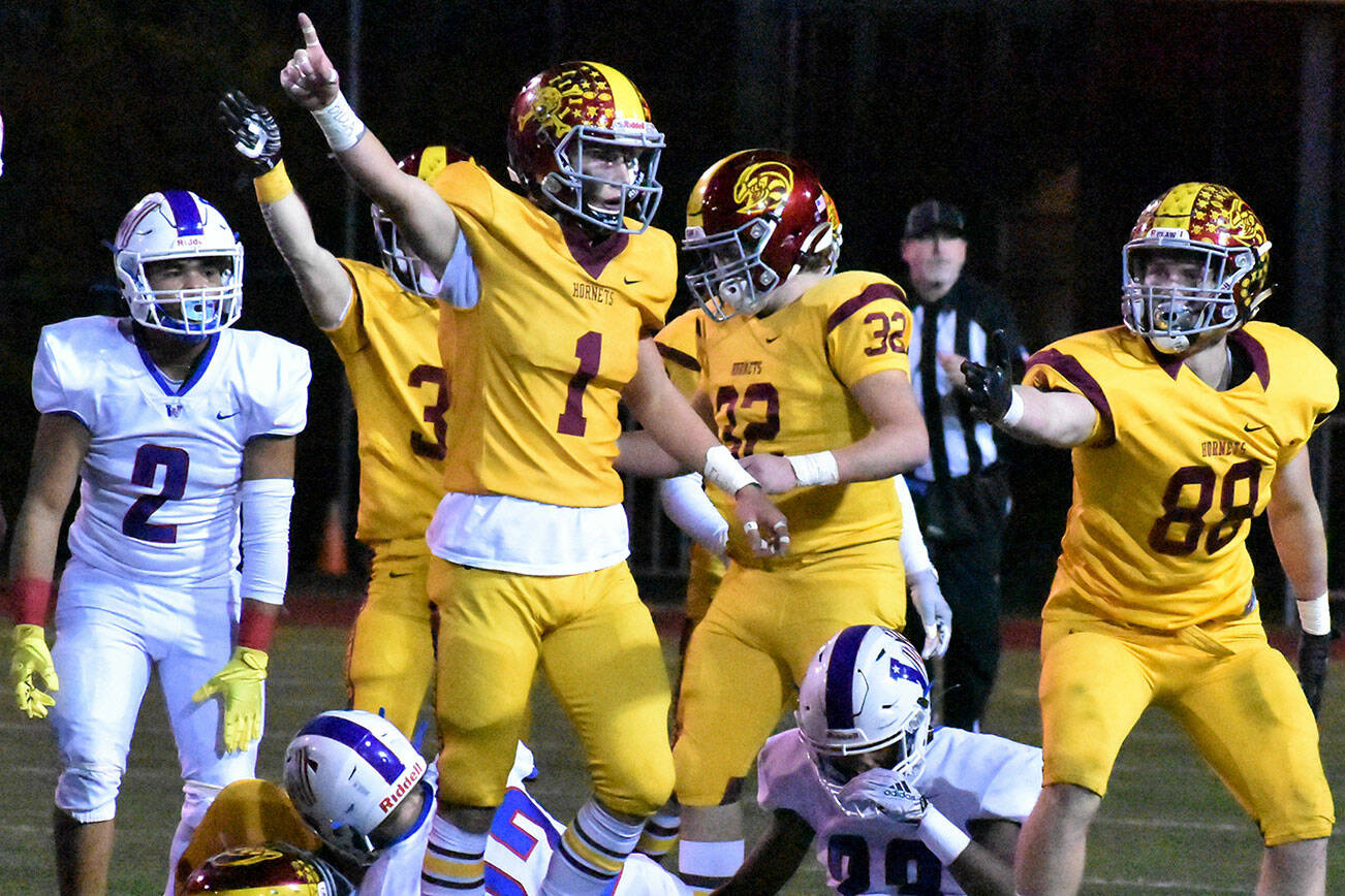 Enumclaw's Clive Pond (1) and his Hornet teammates celebrate after recovering a Patriot fumble Friday night. Photo by Kevin Hanson