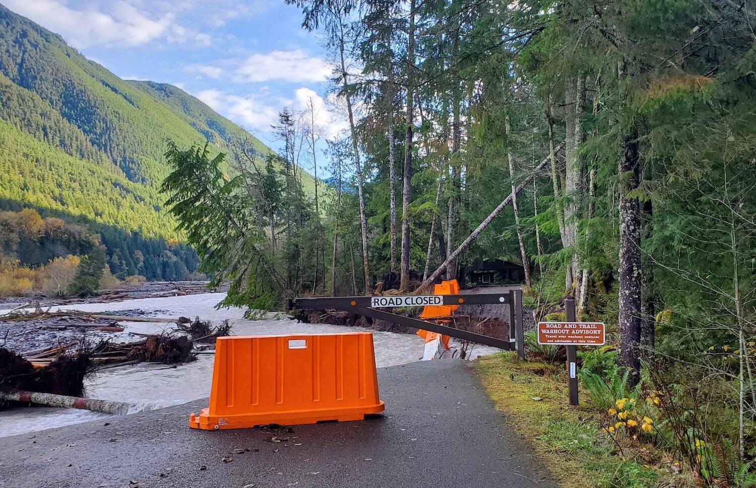 This photo, shared by Mount Rainier National Park, shows the point of failure on Carbon River Road that is preventing access to the Carbon River Area.
