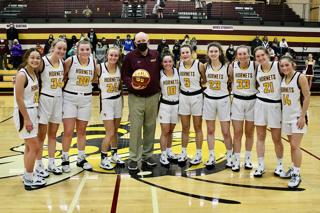 White River coach Chris Gibson was recently honored for his 600th victory as a girls’ basketball coach. The win came Friday, Dec. 3, and made Gibson - who is in his 25th season with the Hornets after eight years at Franklin Pierce High School - just the fourth Washington coach to reach 600 wins in the girls’ ranks. Submitted photo