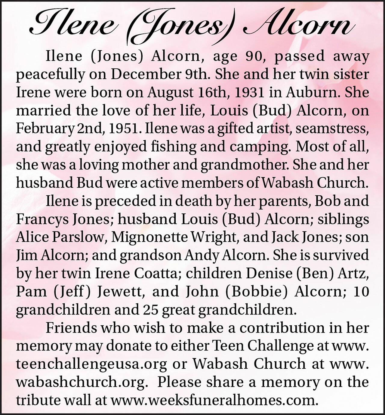 Ilene (Jones) Alcorn died Dec. 9, 2021 at the age of 90.