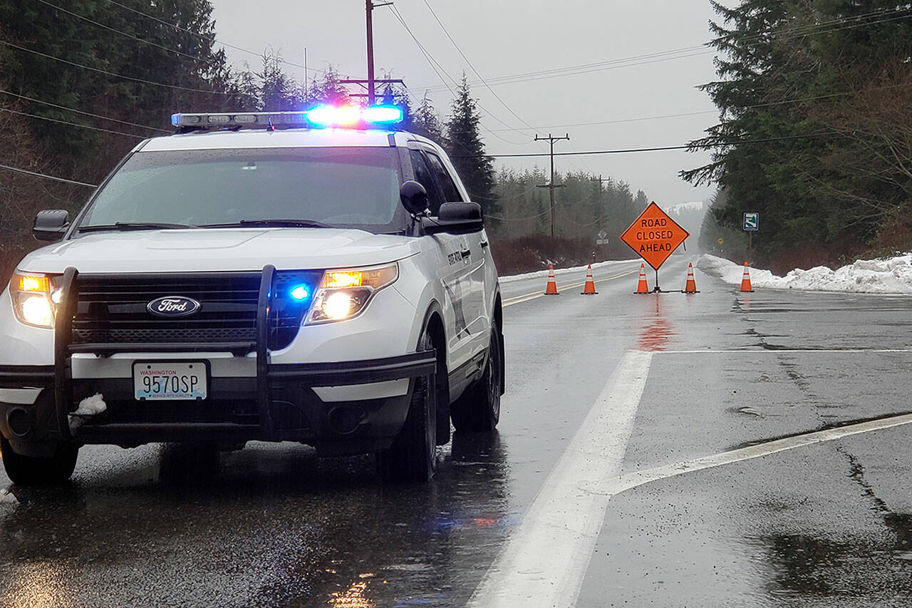 Washington State Patrol was blocking traffic at milepost 30 on SR 410 Thursday morning due to unsafe road conditions. Photo by Ray Miller-Still