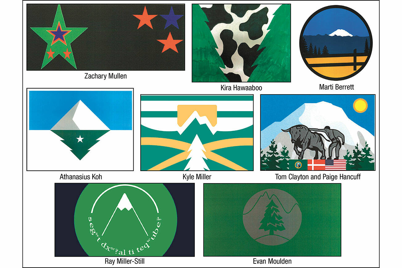 One of these eight designs could become Enumclaw's first municipal flag; the city council will discuss the designs, and possibly adopt one, during the Jan. 24 meeting.